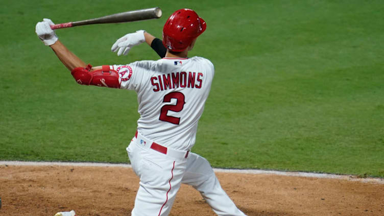 ANAHEIM, CA - SEPTEMBER 16: Andrelton Simmons #2 of the Los Angeles Angels gets a hit against the Arizona Diamondbacks at Angel Stadium of Anaheim on September 16, 2020 in Anaheim, California. (Photo by John McCoy/Getty Images)