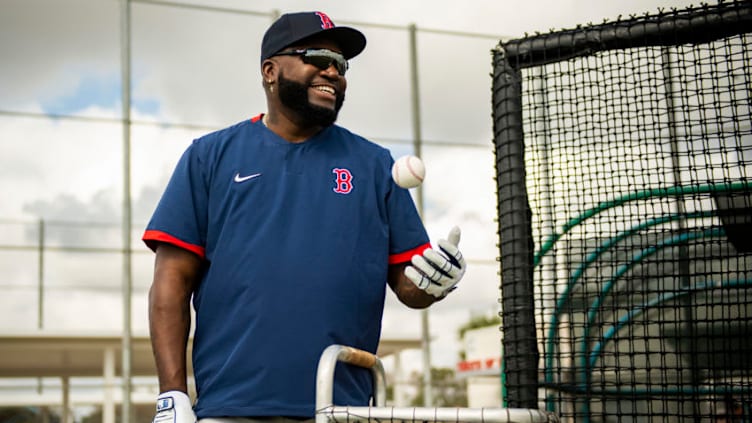 FT. MYERS, FL - FEBRUARY 20: Former designated hitter David Ortiz of the Boston Red Sox reacts during a team workout on February 20, 2020 at jetBlue Park at Fenway South in Fort Myers, Florida. (Photo by Billie Weiss/Boston Red Sox/Getty Images)