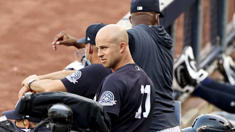 NEW YORK, NEW YORK - JULY 20: Brett Gardner #11 of the New York Yankees looks on from the dugout in the first inning against the Philadelphia Phillies during a Summer Camp game at Yankee Stadium on July 20, 2020 in the Bronx borough of New York City. (Photo by Elsa/Getty Images)