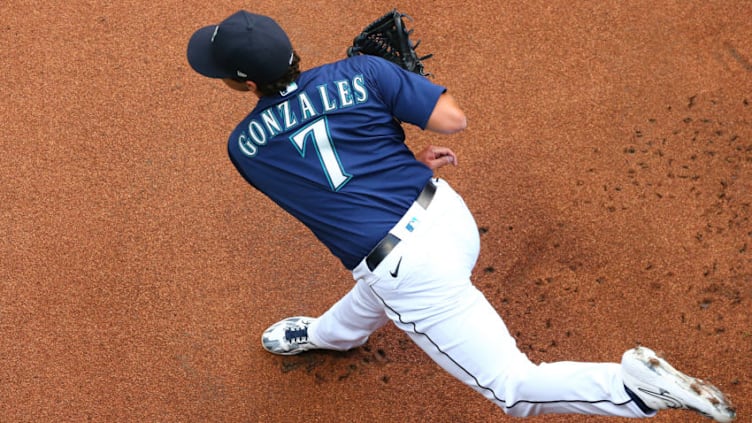 SEATTLE, WASHINGTON - SEPTEMBER 21: Marco Gonzales #7 of the Seattle Mariners warms up before their game against the Houston Astros at T-Mobile Park on September 21, 2020 in Seattle, Washington. (Photo by Abbie Parr/Getty Images)