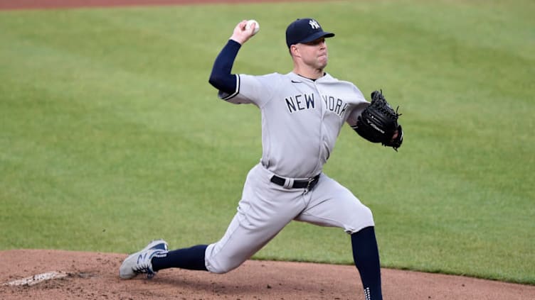 BALTIMORE, MARYLAND - APRIL 27: Corey Kluber #28 of the New York Yankees pitches in the first inning against the Baltimore Orioles at Oriole Park at Camden Yards on April 27, 2021 in Baltimore, Maryland. (Photo by Greg Fiume/Getty Images)