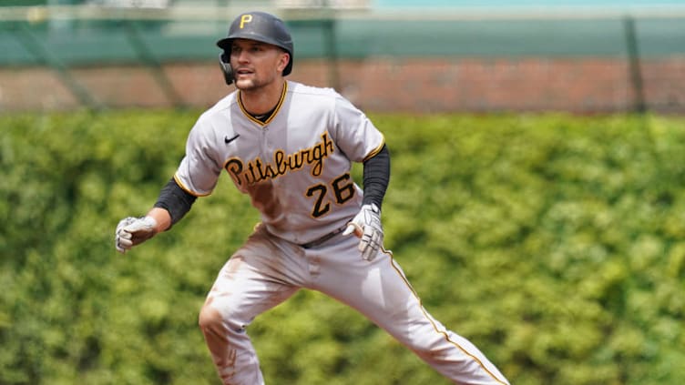 CHICAGO, ILLINOIS - MAY 08: Adam Frazier #26 of the Pittsburgh Pirates stands at second base during the first inning of a game against the Chicago Cubs at Wrigley Field on May 08, 2021 in Chicago, Illinois. (Photo by Nuccio DiNuzzo/Getty Images)