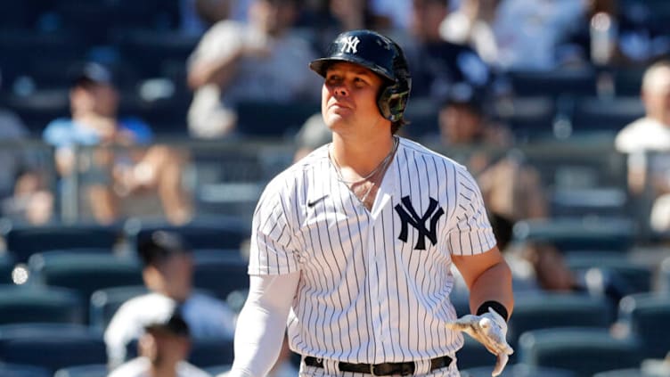 NEW YORK, NEW YORK - JUNE 24: (NEW YORK DAILIES OUT) Luke Voit #59 of the New York Yankees in action against the Kansas City Royals at Yankee Stadium on June 24, 2021 in New York City. The Yankees defeated the Royals 8-1. (Photo by Jim McIsaac/Getty Images)