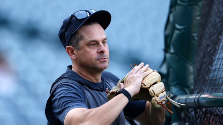 ANAHEIM, CALIFORNIA - AUGUST 30: Manager Aaron Boone of the New York Yankees looks on during batting practice prior to a game against the Los Angeles Angels at Angel Stadium of Anaheim on August 30, 2021 in Anaheim, California. (Photo by Sean M. Haffey/Getty Images)