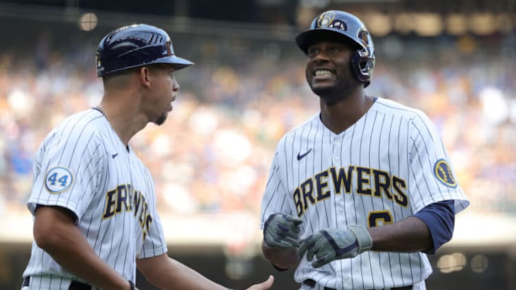 MILWAUKEE, WISCONSIN - OCTOBER 09: Lorenzo Cain #6 of the Milwaukee Brewers reacts after a fly ball to end the third inning during game 2 of the National League Division Series against the Atlanta Braves at American Family Field on October 09, 2021 in Milwaukee, Wisconsin. (Photo by Stacy Revere/Getty Images)