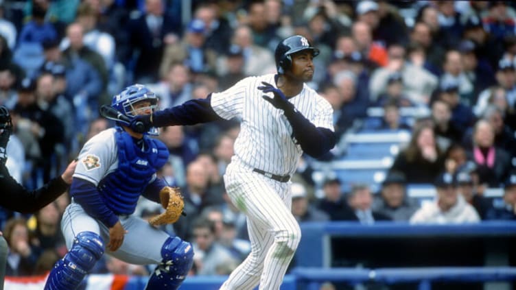 NEW YORK - CIRCA 2002: Bernie Williams #51 of the New York Yankees bats during a Major League Baseball game circa 2002 at Yankee Stadium in the Bronx borough of New York City. Williams played with the Yankees from 1991-2006. (Photo by Focus on Sport/Getty Images)