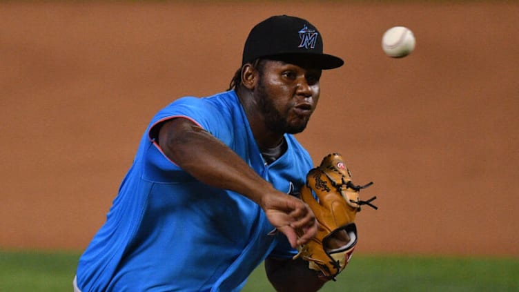 MIAMI, FLORIDA - JULY 18: Jorge Guzman #75 of the Miami Marlins delivers a pitch during an intrasquad simulated game at Marlins Park on July 18, 2020 in Miami, Florida. (Photo by Mark Brown/Getty Images)