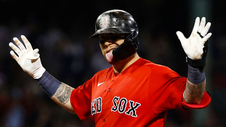 BOSTON, MA - JUNE 25: Christian Vazquez #7 of the Boston Red Sox reacts towards his dugout after hitting an RBI single against the New York Yankees during the eighth inning at Fenway Park on June 25, 2021 in Boston, Massachusetts. (Photo By Winslow Townson/Getty Images)