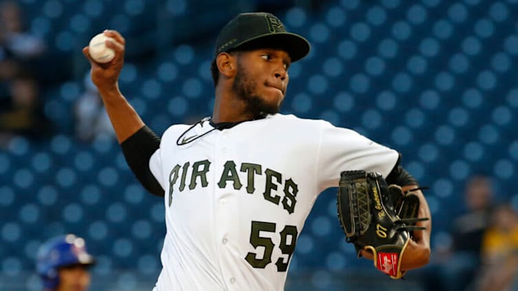 PITTSBURGH, PA - SEPTEMBER 29: Roansy Contreras #59 of the Pittsburgh Pirates makes his Major League debut against the Chicago Cubs at PNC Park on September 29, 2021 in Pittsburgh, Pennsylvania. (Photo by Justin K. Aller/Getty Images)