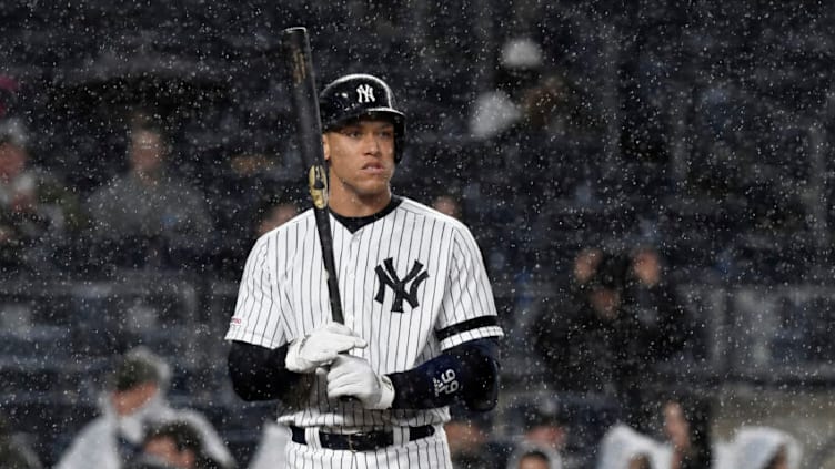 NEW YORK, NEW YORK - APRIL 12: Aaron Judge #99 of the New York Yankees bats in the rain during the sixth inning of the game against the Chicago White Sox at Yankee Stadium on April 12, 2019 in the Bronx borough of New York City. (Photo by Sarah Stier/Getty Images)