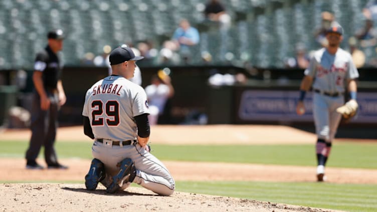 OAKLAND, CALIFORNIA - JULY 21: Pitcher Tarik Skubal #29 of the Detroit Tigers looks on from the mound after avoiding being hit by a ball in the bottom of the third inning against the Oakland Athletics during game one of a doubleheader at RingCentral Coliseum on July 21, 2022 in Oakland, California. (Photo by Lachlan Cunningham/Getty Images)