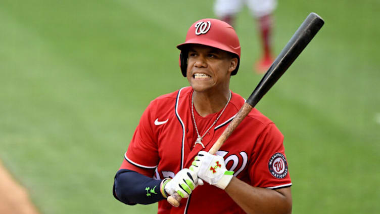 WASHINGTON, DC - JULY 31: Juan Soto #22 of the Washington Nationals reacts after being called out on strikes in the ninth inning against the St. Louis Cardinals at Nationals Park on July 31, 2022 in Washington, DC. (Photo by Greg Fiume/Getty Images)