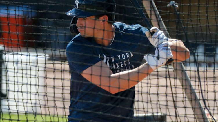 Feb 27, 2021; Tampa, Florida, USA; New York Yankees shortstop Tyler Wade (14) takes batting practice during spring training at George M. Steinbrenner field Mandatory Credit: Nathan Ray Seebeck-USA TODAY Sports