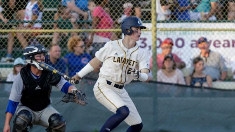 Lafayette Aviators third baseman Trey Sweeney (2) connects during the fourth inning of a prospect league baseball game, Tuesday, Aug. 6, 2019 at Loeb Stadium in Lafayette. The Champion City Kings won, 12-11 in 10 innings.Final Aviators Game At Loeb Stadium