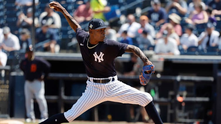 Apr 5, 2022; Tampa, Florida, USA; New York Yankees pitcher Miguel Castro (30) throws a pitch during the fifth inning against the Detroit Tigers during spring training at George M. Steinbrenner Field. Mandatory Credit: Kim Klement-USA TODAY Sports