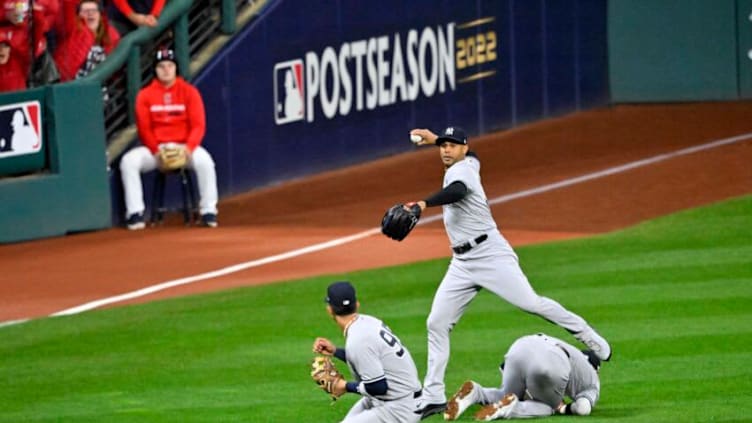 Oct 16, 2022; Cleveland, Ohio, USA; New York Yankees left fielder Aaron Hicks (31) makes a throw against the Cleveland Guardians in the third inning during game four of the ALDS for the 2022 MLB Playoffs at Progressive Field. Mandatory Credit: David Richard-USA TODAY Sports