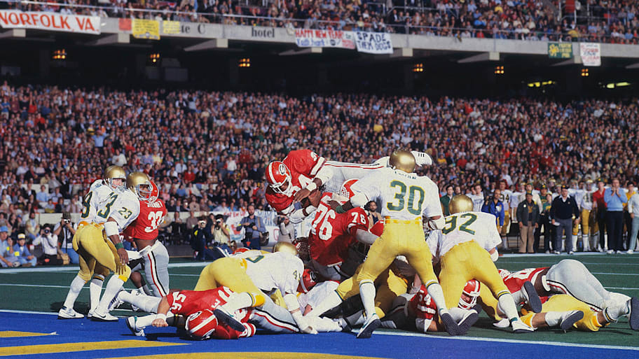 Georgia RB Herschel Walker (34) dives into the end zone for TD vs Notre Dame in 1981 Sugar Bowl.