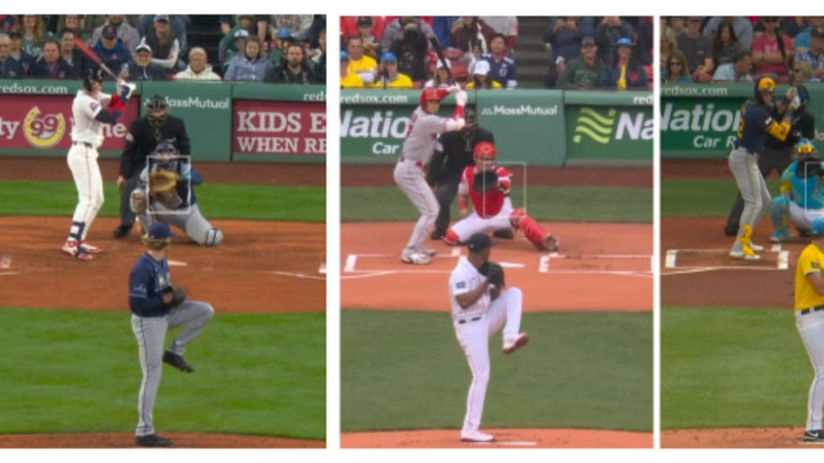 Three images of Roman Anthony's stance in the batter's box.