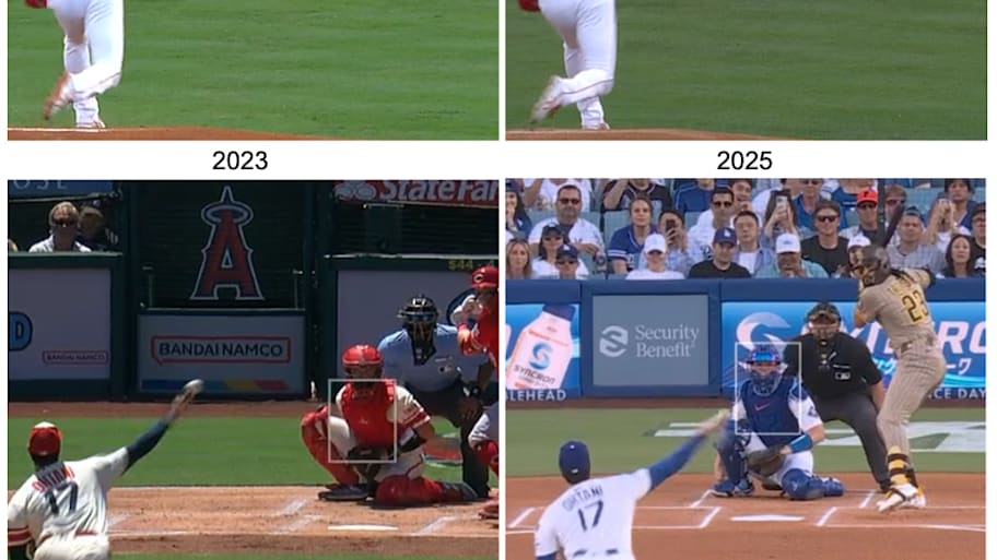 Side-by-side comparison of Shohei Ohtani throwing pitches.