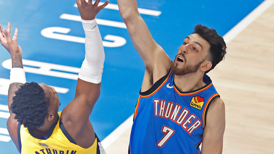 Chet Holmgren blocks a shot by Bennedict Mathurin in Game 7 of the NBA Finals.