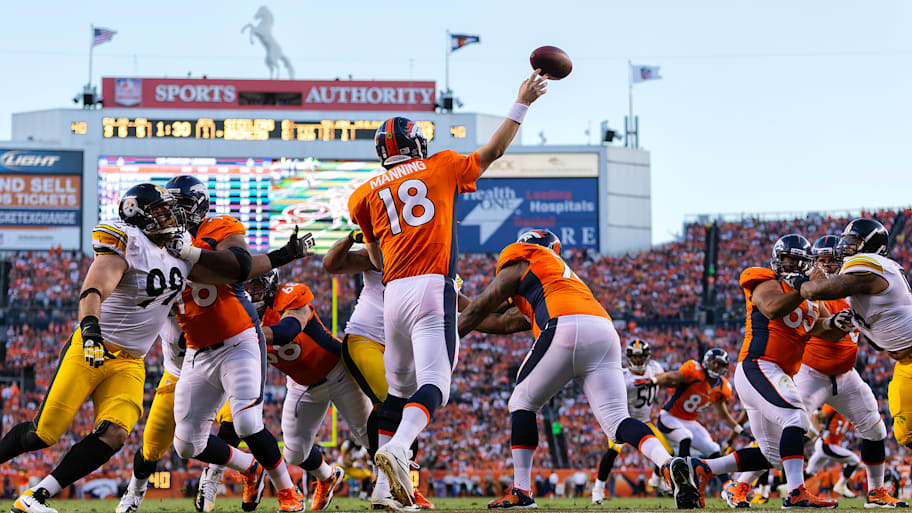 Peyton Manning throws a pass in a 2013 Broncos-Steelers game.