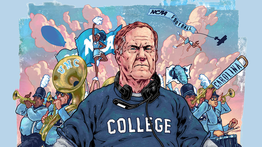 Illustration depicting Bill Belichick as coach of the North Carolina Tar Heels.