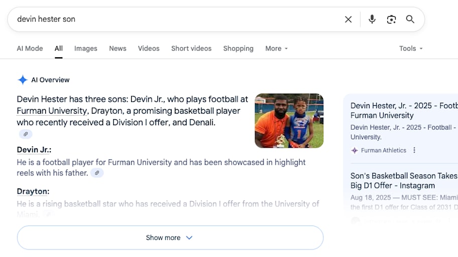 A google AI search result incorrectly identifies Furman’s Devin Hester Jr. as the son of NFL great Devin Hester.