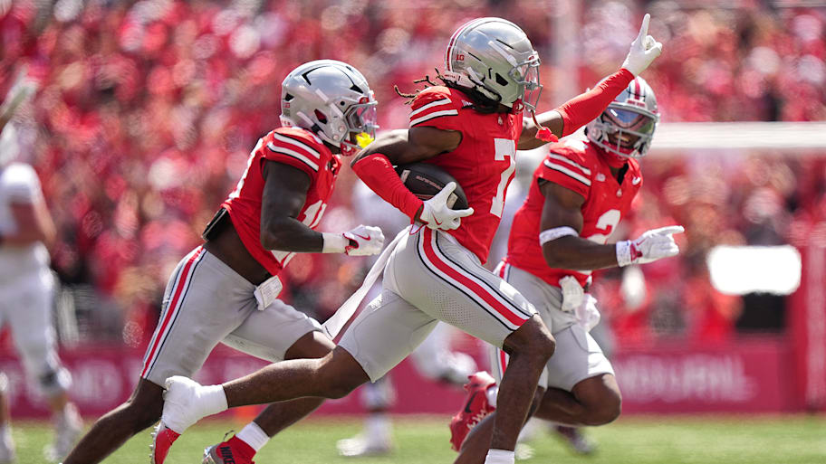 Ohio State cornerback Jermaine Mathews Jr. celebrates after picking off Arch Manning in the third quarter.