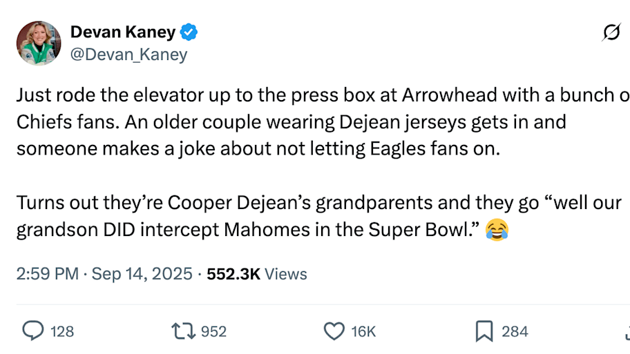 Cooper DeJean's grandparents had a great line about his Super Bowl pick-six against Patrick Mahomes and the Chiefs.