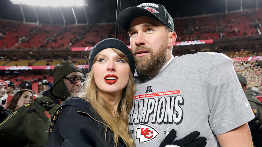 Taylor Swift celebrates with Travis Kelce of the Kansas City Chiefs 