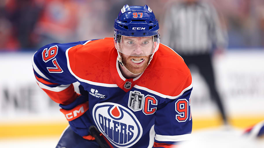 Connor McDavid of the Oilers looks on during the first period against the Panthers in Game 2 of the Stanley Cup Final