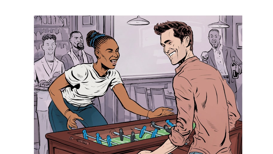 Illustration of Serena Williams and Tom Brady playing foosball