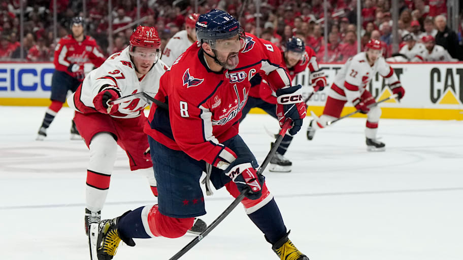 Alex Ovechkin of the Washington Capitals shoots the puck against the Carolina Hurricanes 
