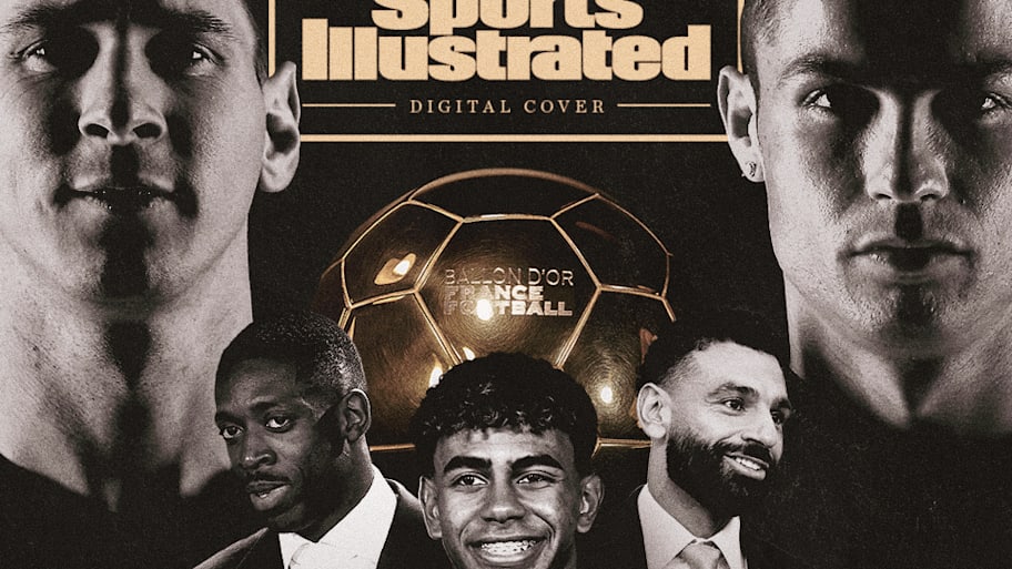 A collage of Lionel Messi, Cristiano Ronaldo, Mohamed Salah, Ousmane Dembélé and Lamine Yamal with the Ballon d’Or trophy.