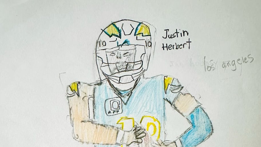 A kid's drawing of Justin Herbert