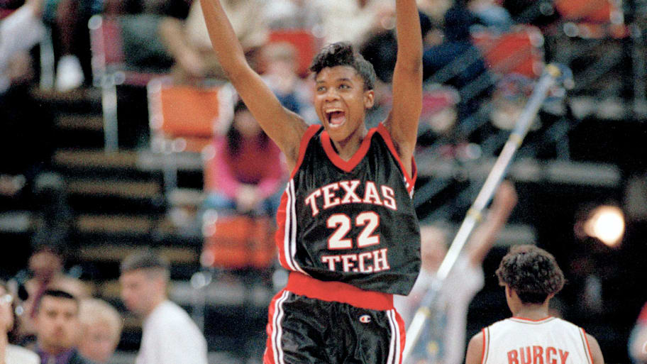 Sheryl Swoopes leaps with joy after Texas Tech defeated Ohio State to win the Women's NCAA title