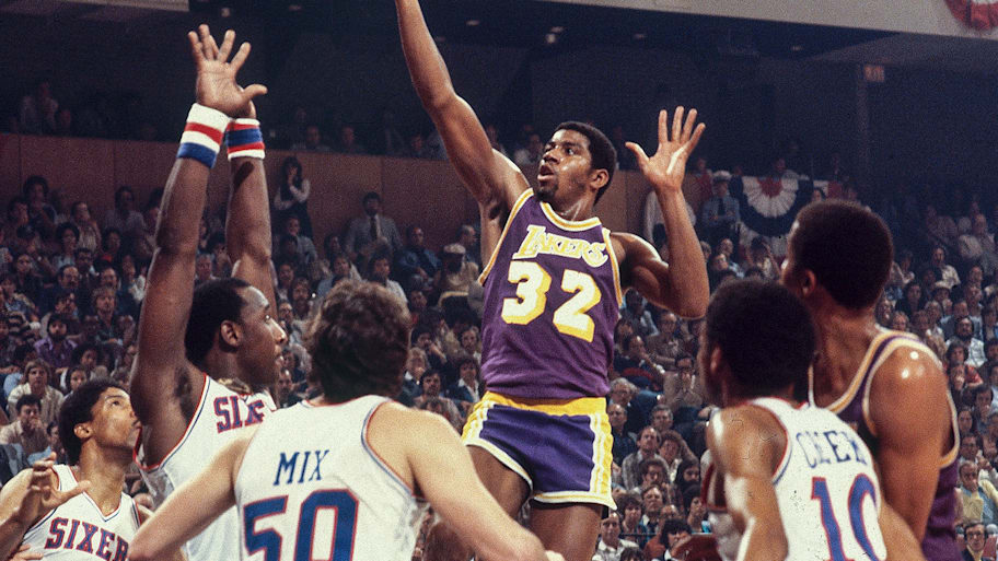 Magic Johnson attempts a shot in Game 6 of the 1980 NBA Finals