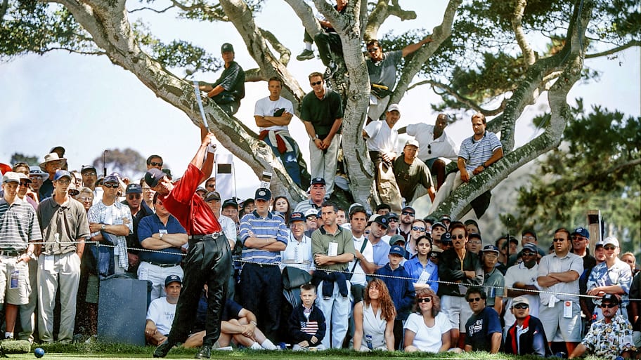Spectators watch from a tree while Tiger Woods tees off at the 2000 US Open at Pebble Beach