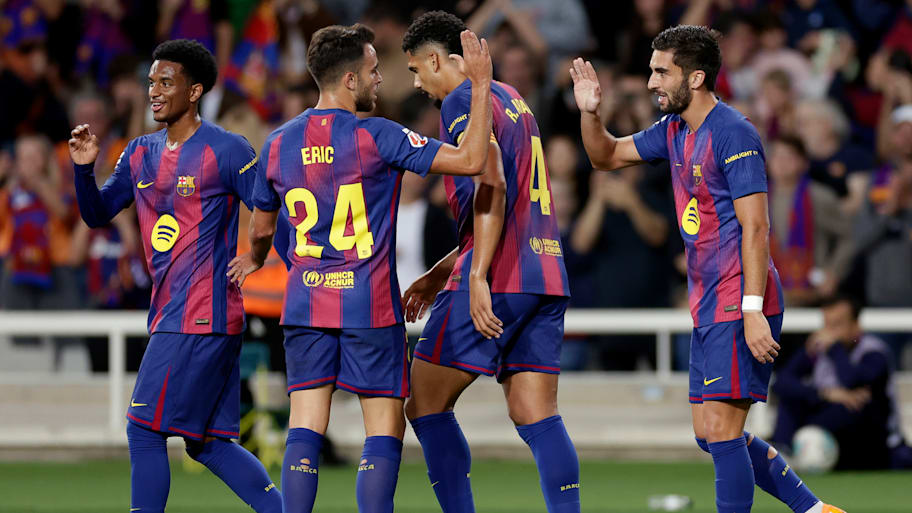Barcelona players celebrating.