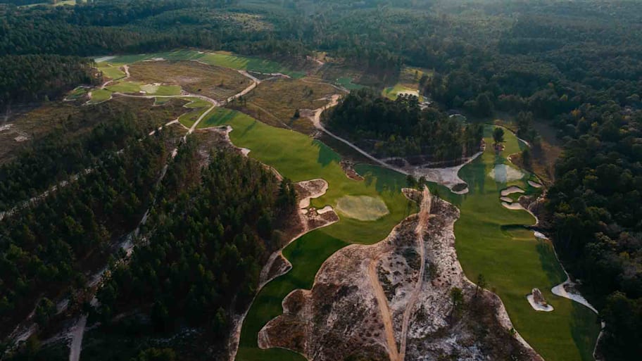 An aerial photo of the growing-in on the back nine.