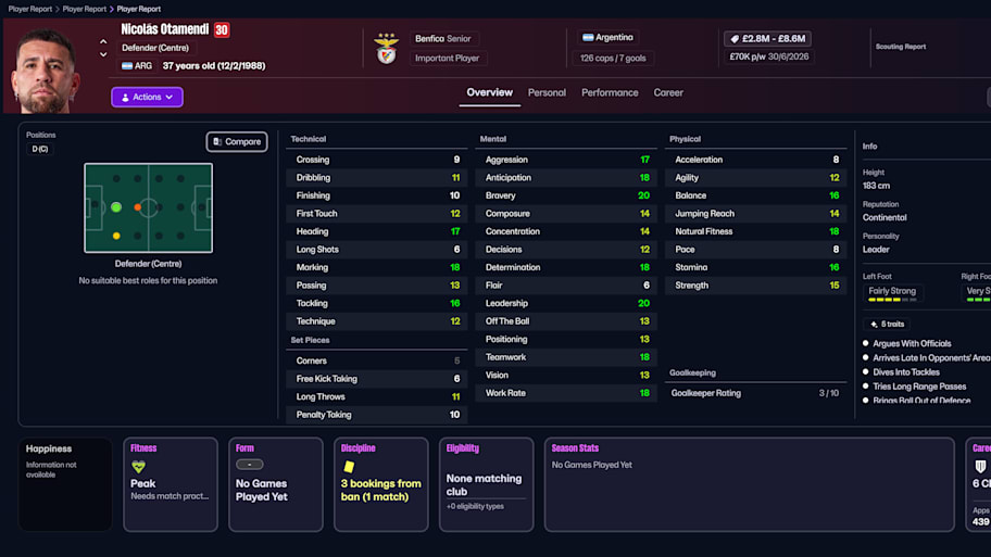 Nicolás Otamendi on Football Manager 26