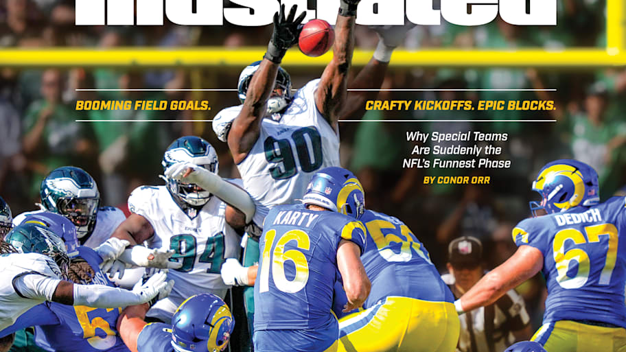 A Sports Illustrated magazine cover of Jordan Davis blocking a Rams field goal