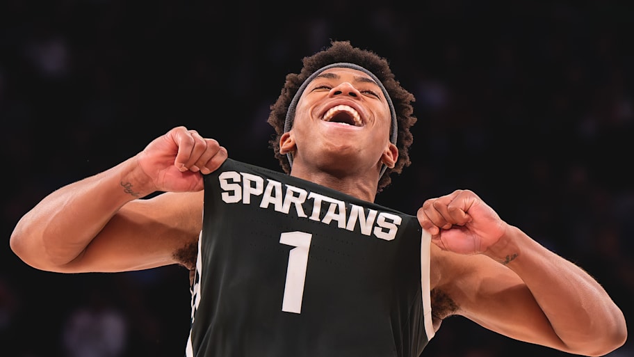 Michigan State guard Jeremy Fears Jr. celebrates during the Spartans’ win over Kentucky at the Champions Classic.