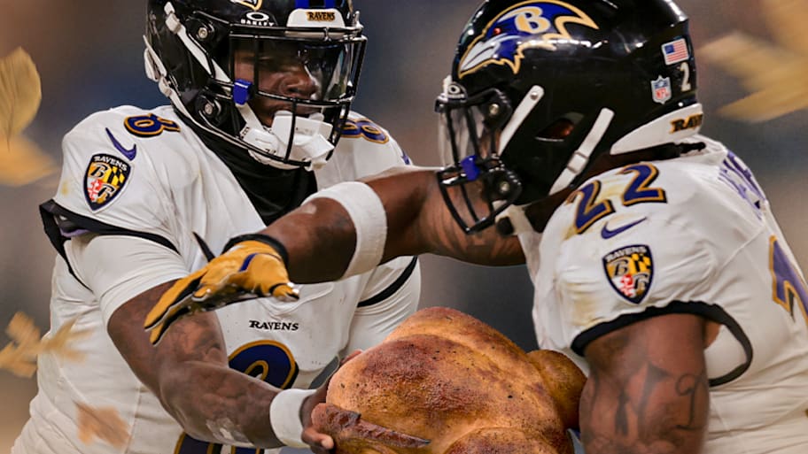 An illustration of Lamar Jackson handing a turkey to Derrick Henry.