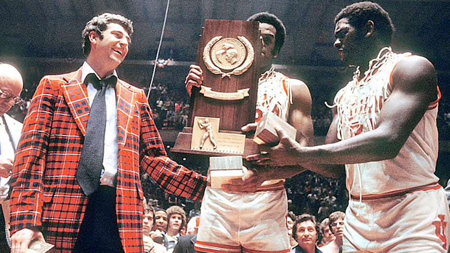 Bob Knight and the Hoosiers with the 1976 championship trophy.