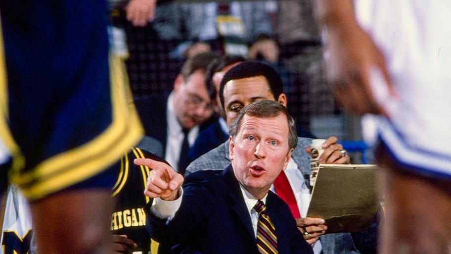 Michigan interim coach Steve Fisher gives instructions against Seton Hall in the 1989 NCAA men’s basketball title game.