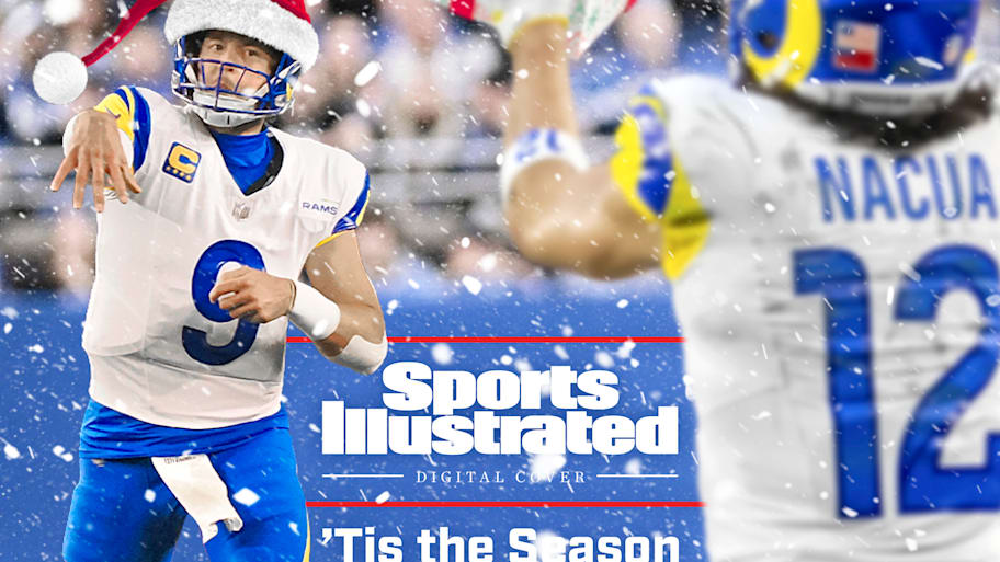 An illustration of Matthew Stafford throwing a present to Puka Nacua