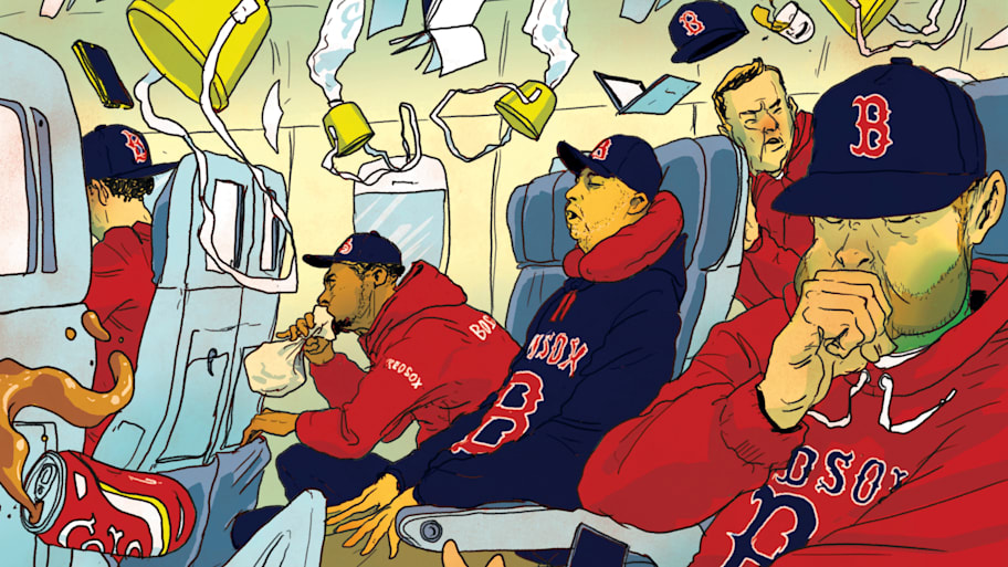 Illustration of Red Sox player getting sick on a turbulent flight