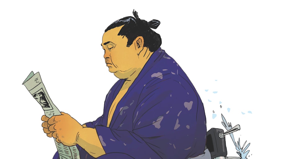 Illustration of a sumo wrestler sitting on a toilet