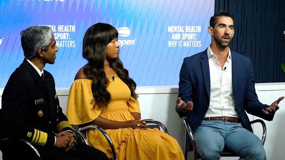 US Surgeon General Dr. Vivek Murthy, Japan's Naomi Osaka, and US swimmer Michael Phelps participate in a mental health forum 